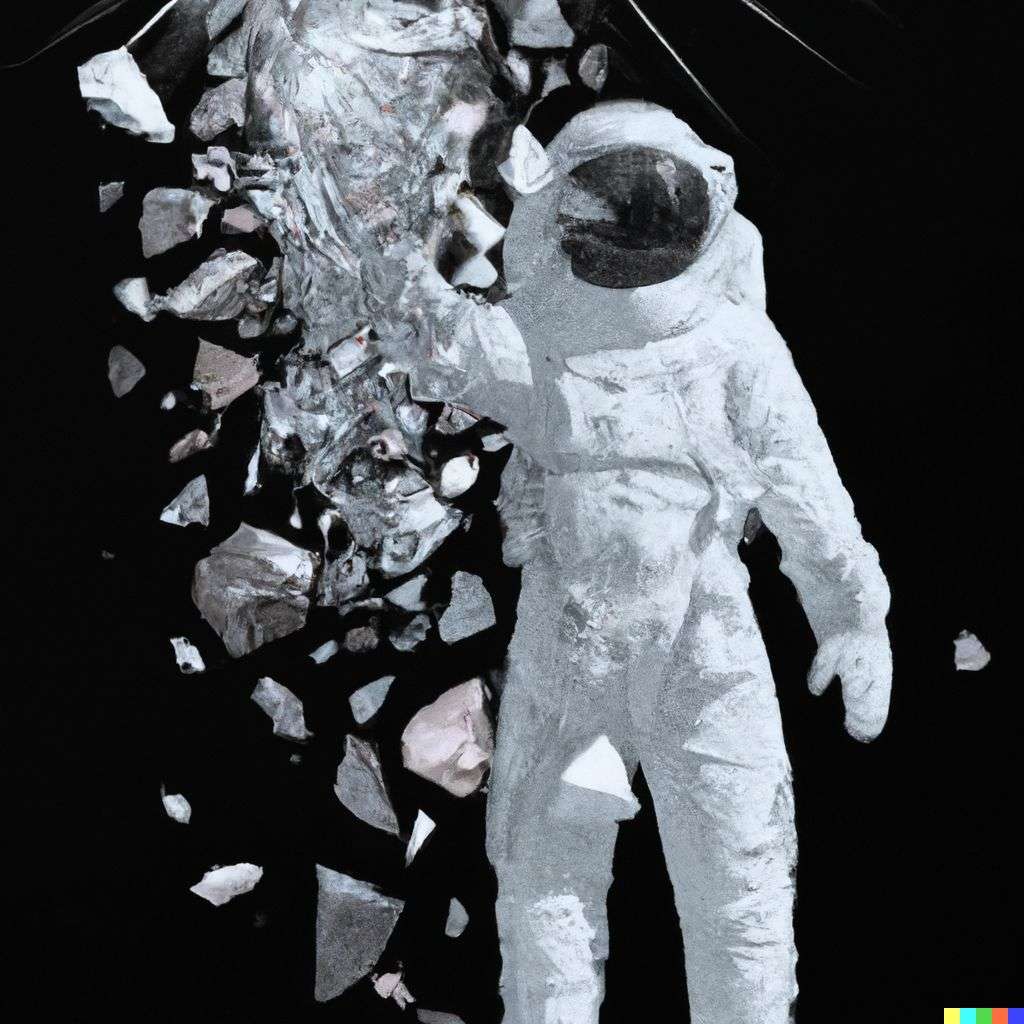 an astronaut, covered in exploding crystals
